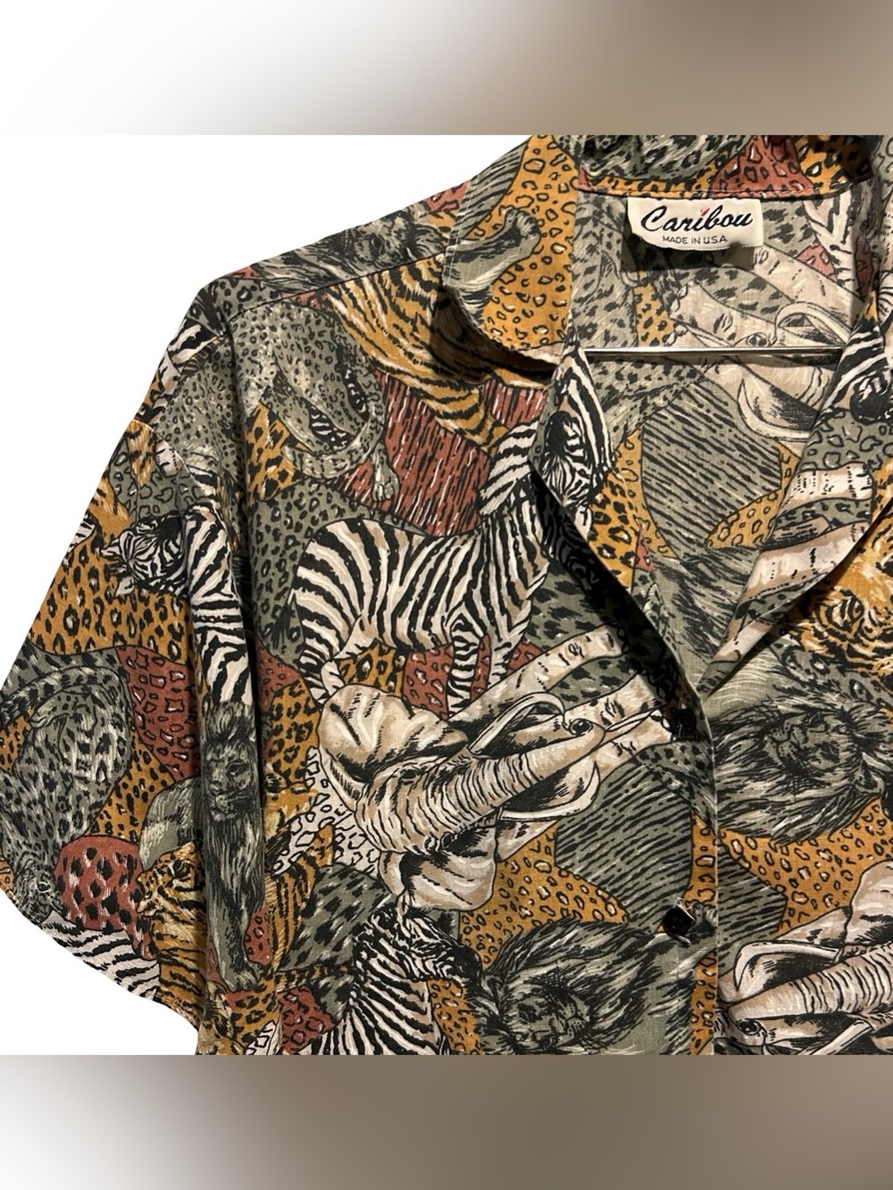 Vintage Caribou Safari Animal Print Button Up